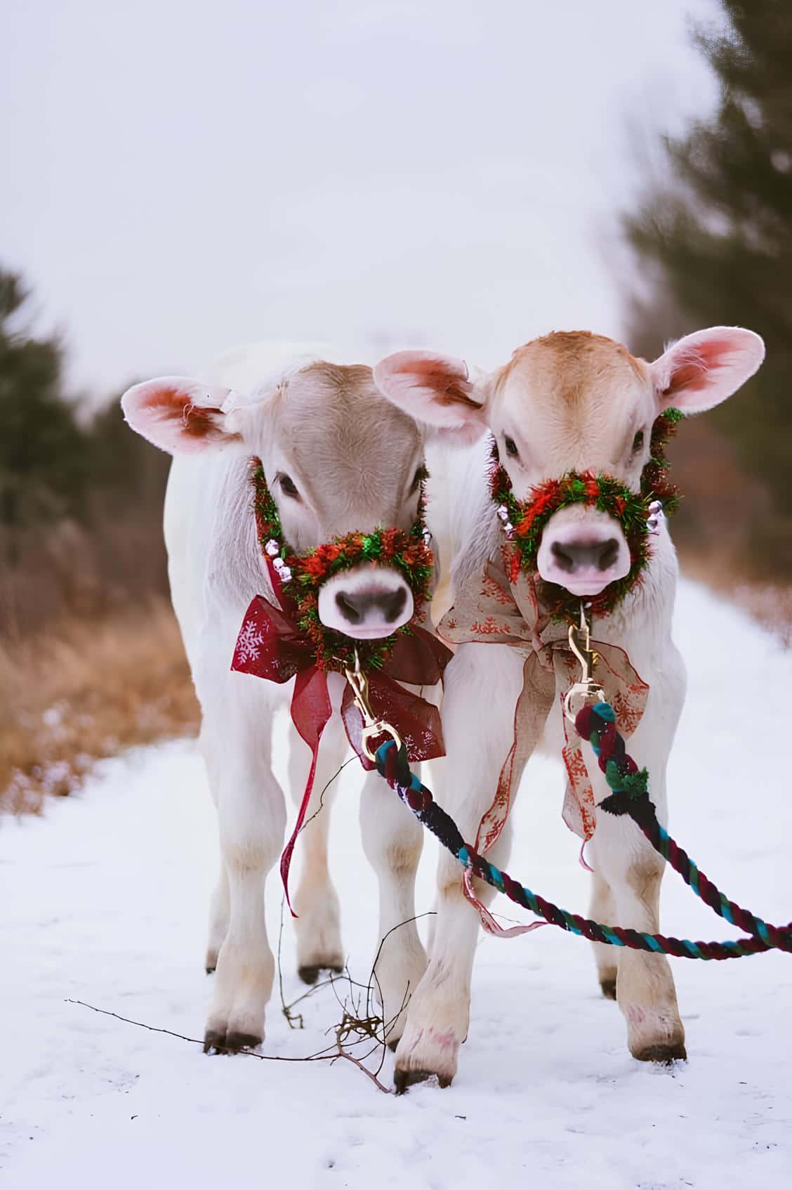 Festive Christmas Cows Winter Scene Wallpaper