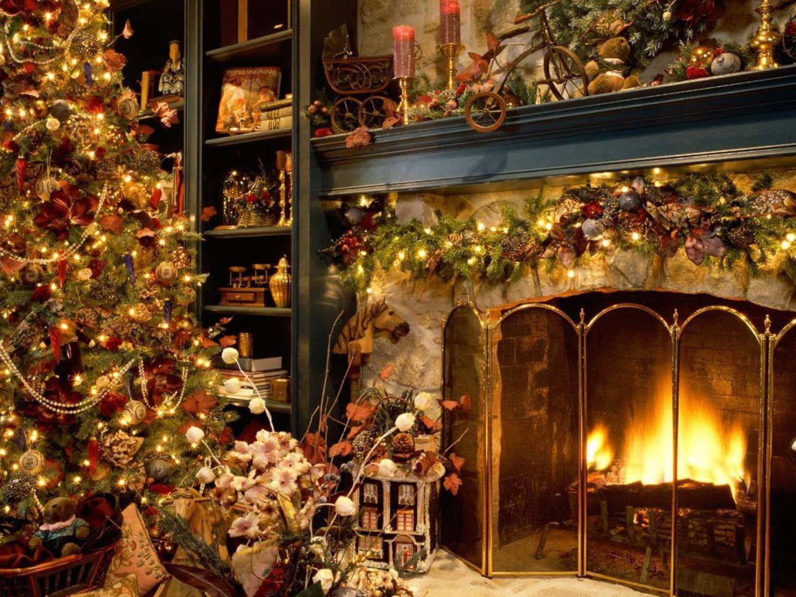 Festive Christmas Fireplace Decor Wallpaper