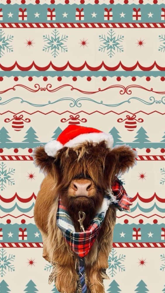 Festive Highland Cowin Santa Hat Wallpaper