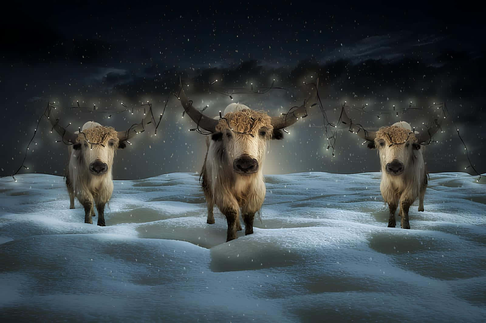 Festive Holiday Cowswith Lights Wallpaper