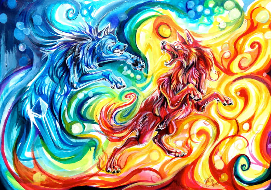 Fiercely Stunning Fire And Ice Wolf Wallpaper