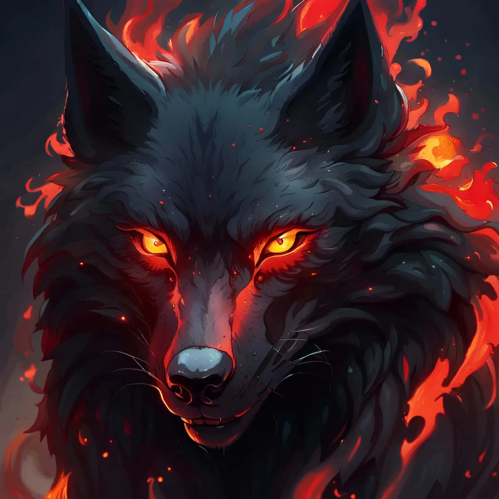 Fiery Eyed Black Wolf Anime Art Wallpaper