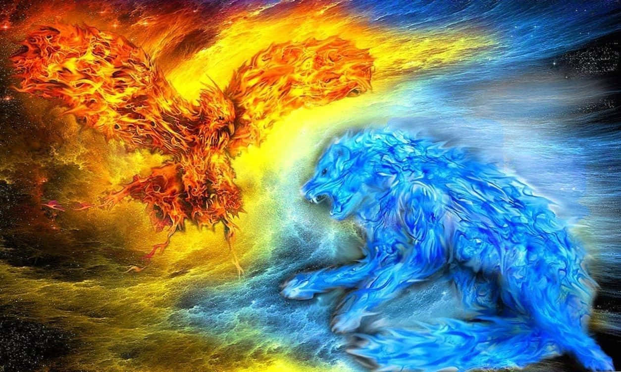 Fiery Ferocity Of The Water And Fire Wolf Wallpaper