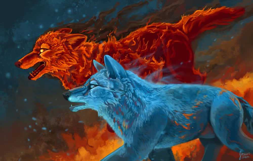 Fire And Ice Collide In This Mystical Wolf Wallpaper