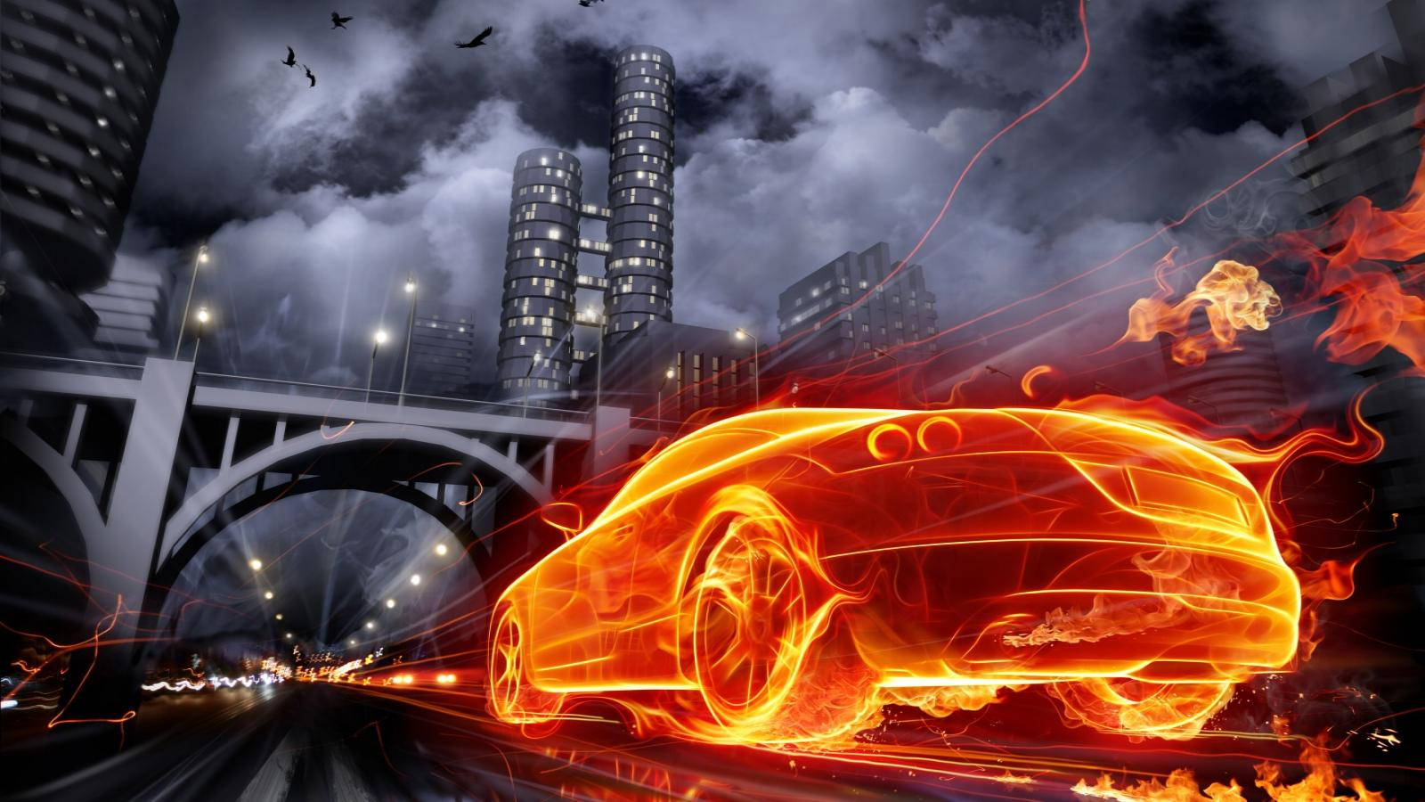 Fire Car Under Flaming City Wallpaper