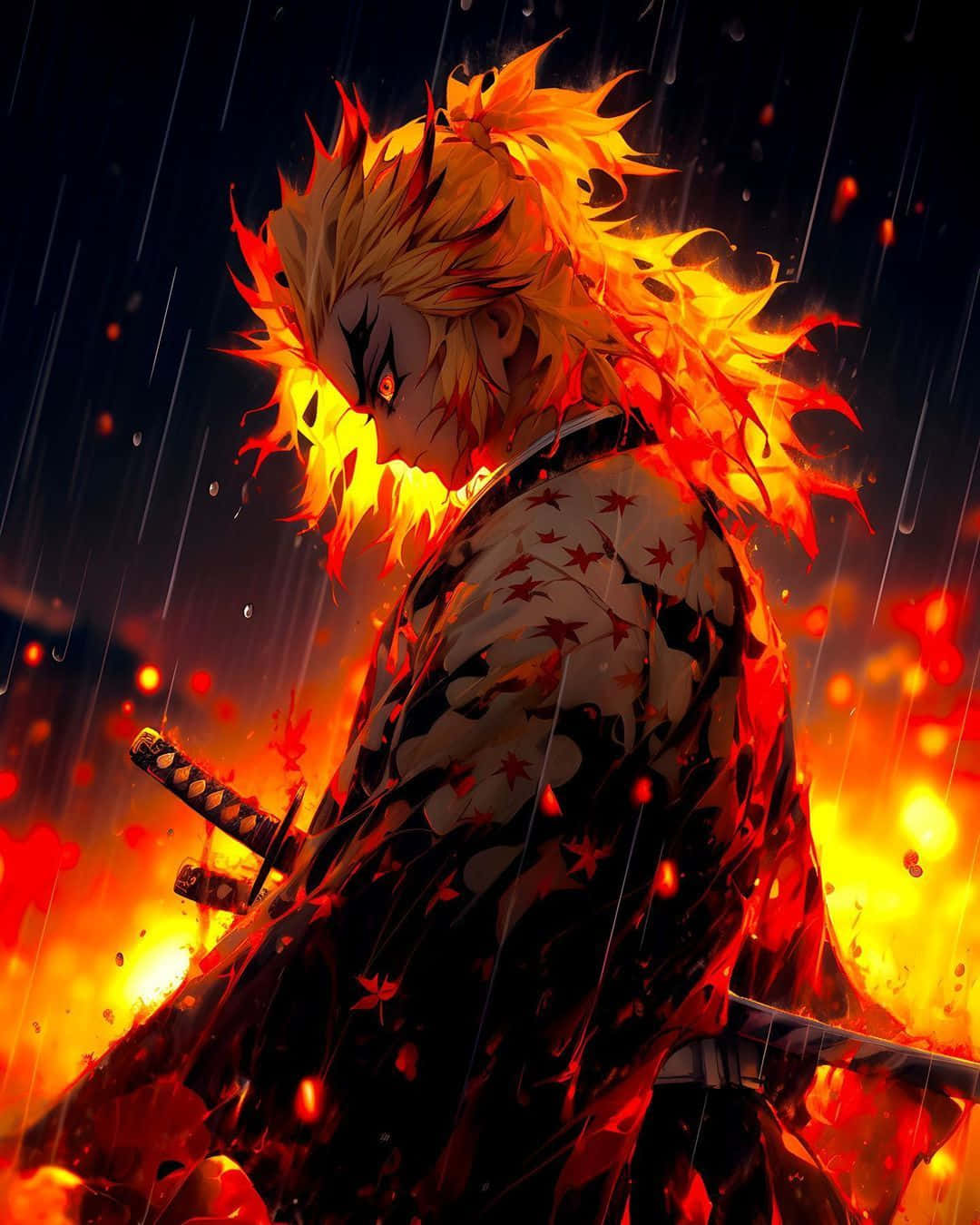 Flame_ Hashira_in_ Rain_and_ Fire Wallpaper