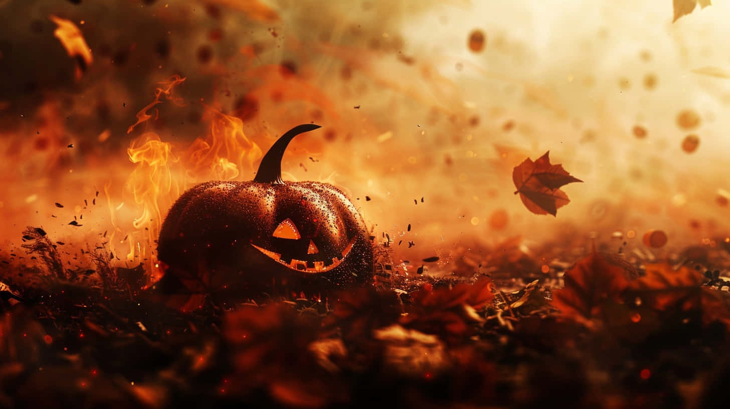 Flaming Halloween Pumpkin Autumn Leaves Wallpaper