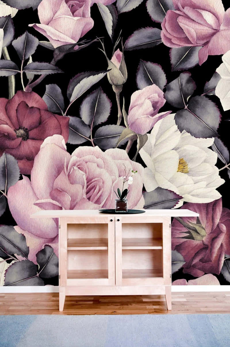 Floral Wallpaperwith Wooden Cabinet Wallpaper