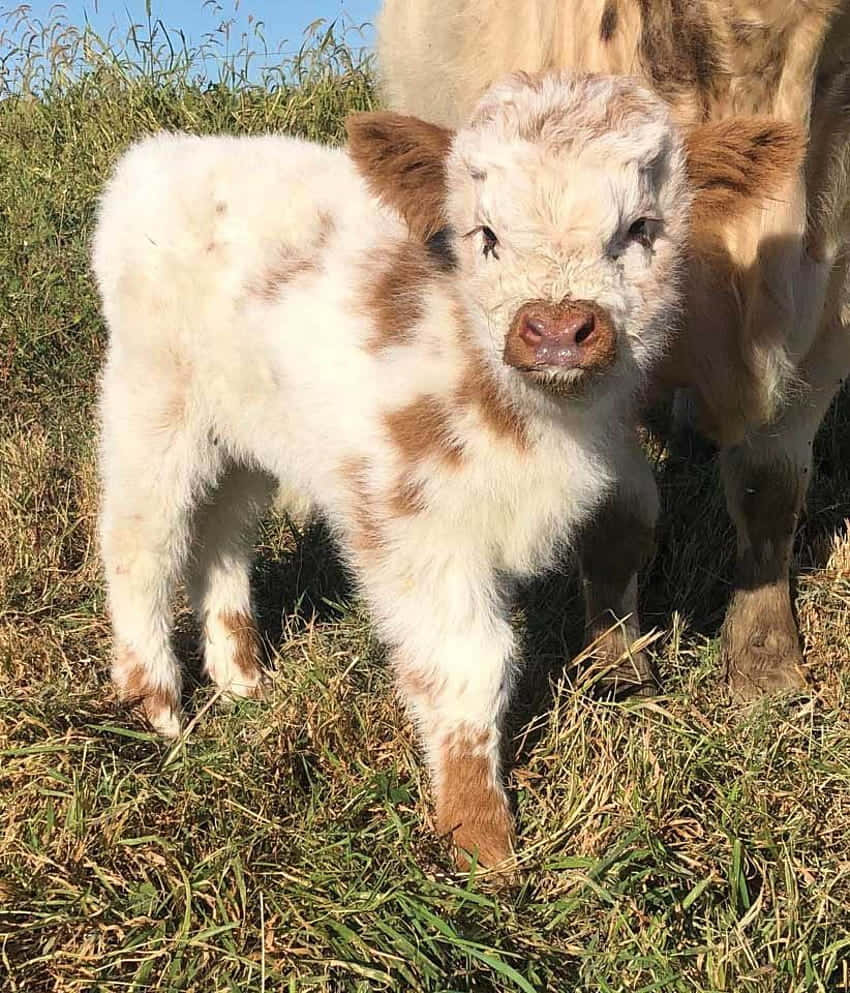 Fluffy Brown And White Calf In Field.jpg Wallpaper