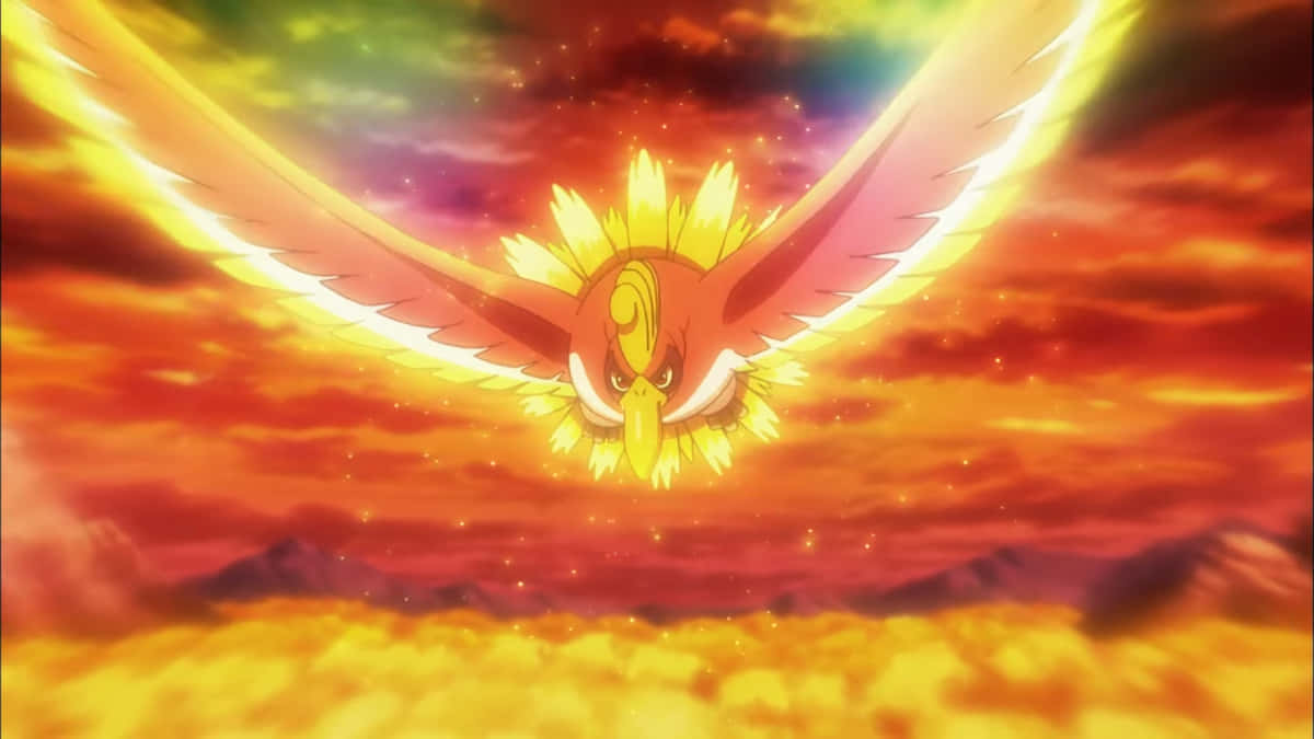 Flying Ho-oh In Orange Sky Wallpaper