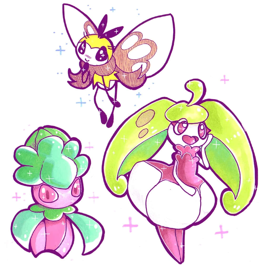 Fomantis, Steenee, And Ribombee Wallpaper