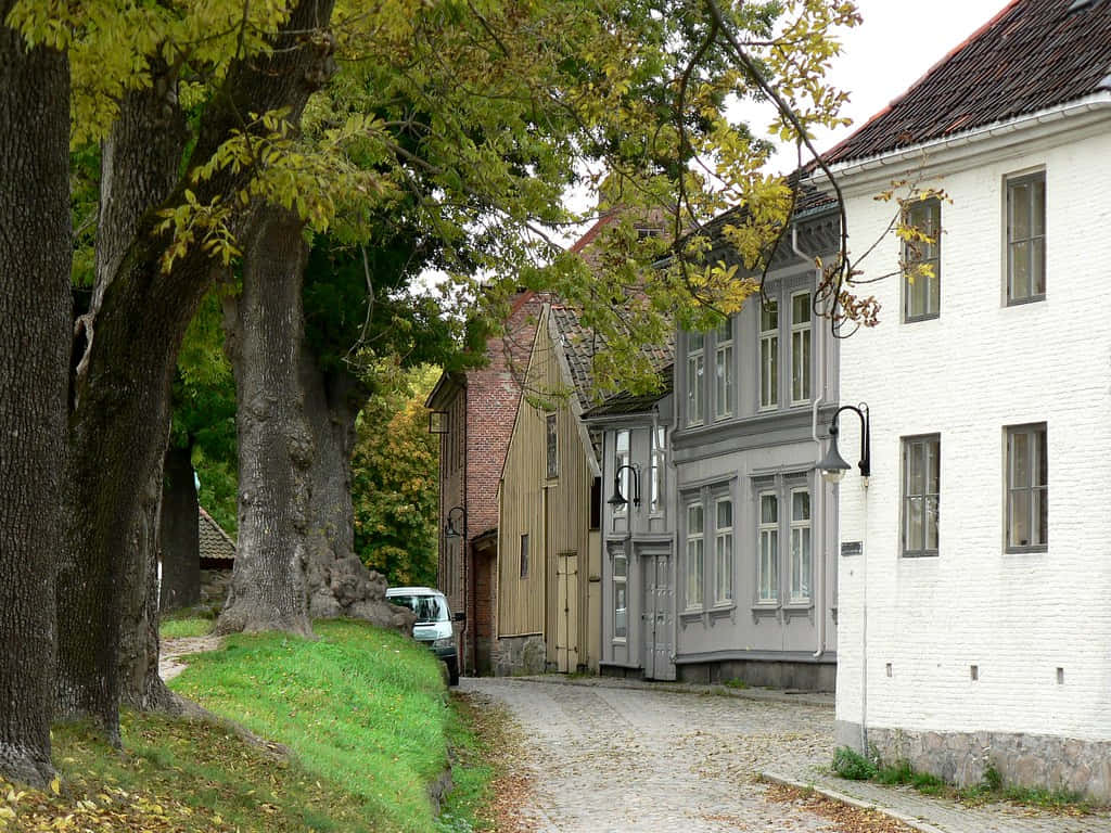 Fredrikstad Historic Cobblestone Street Wallpaper