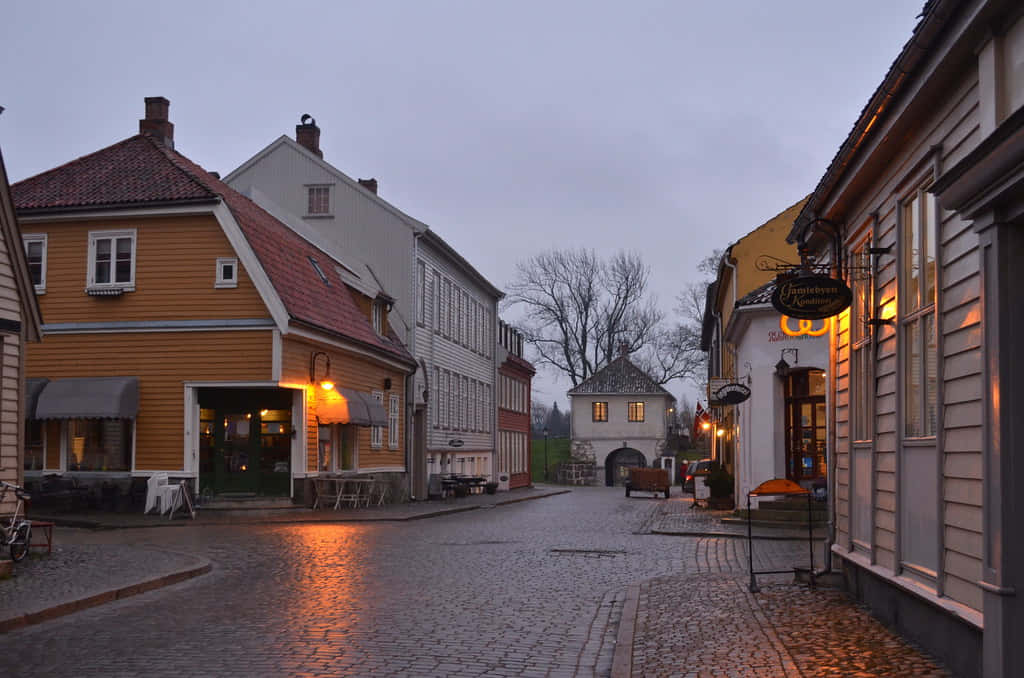 Fredrikstad Old Town Cobblestone Street Dusk Wallpaper