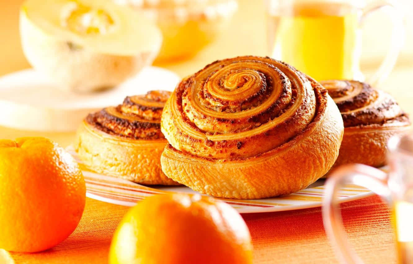 Fresh Cinnamon Rolls Breakfast Table Wallpaper