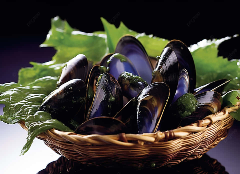 Fresh Musselsin Basketwith Greens Wallpaper