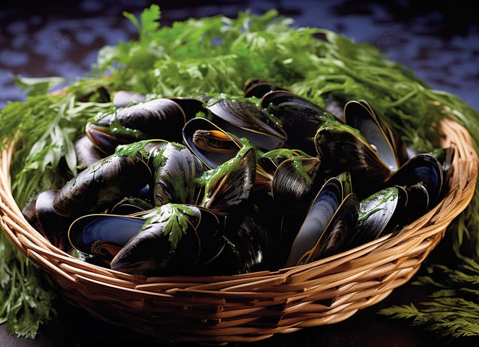 Fresh Musselsin Basketwith Greens Wallpaper