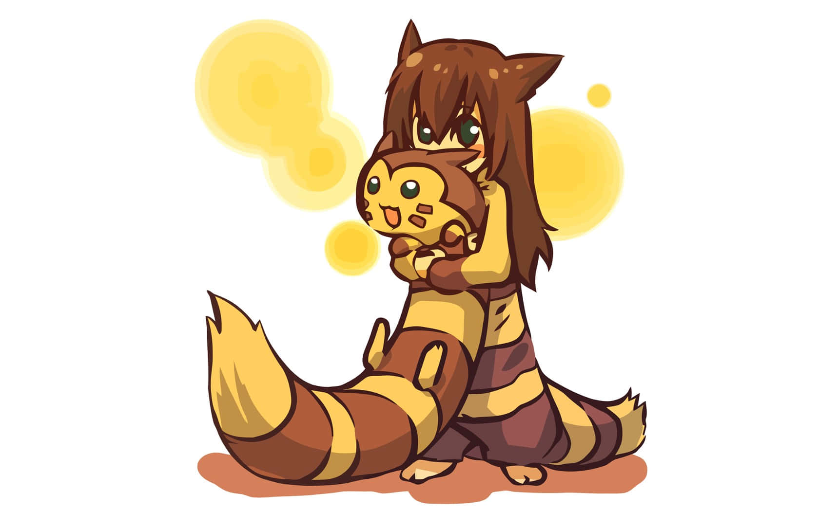 Furret Girl Hugging A Furret Stuffed Toy Wallpaper