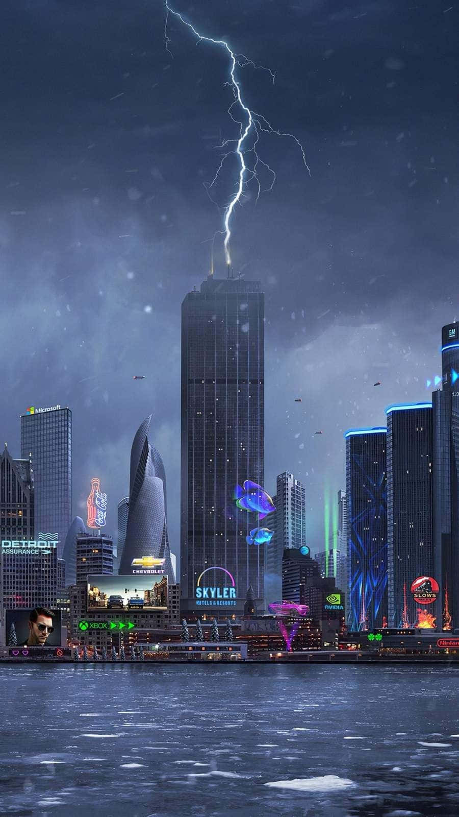 Futuristic Cityscape Lightning Strike Wallpaper