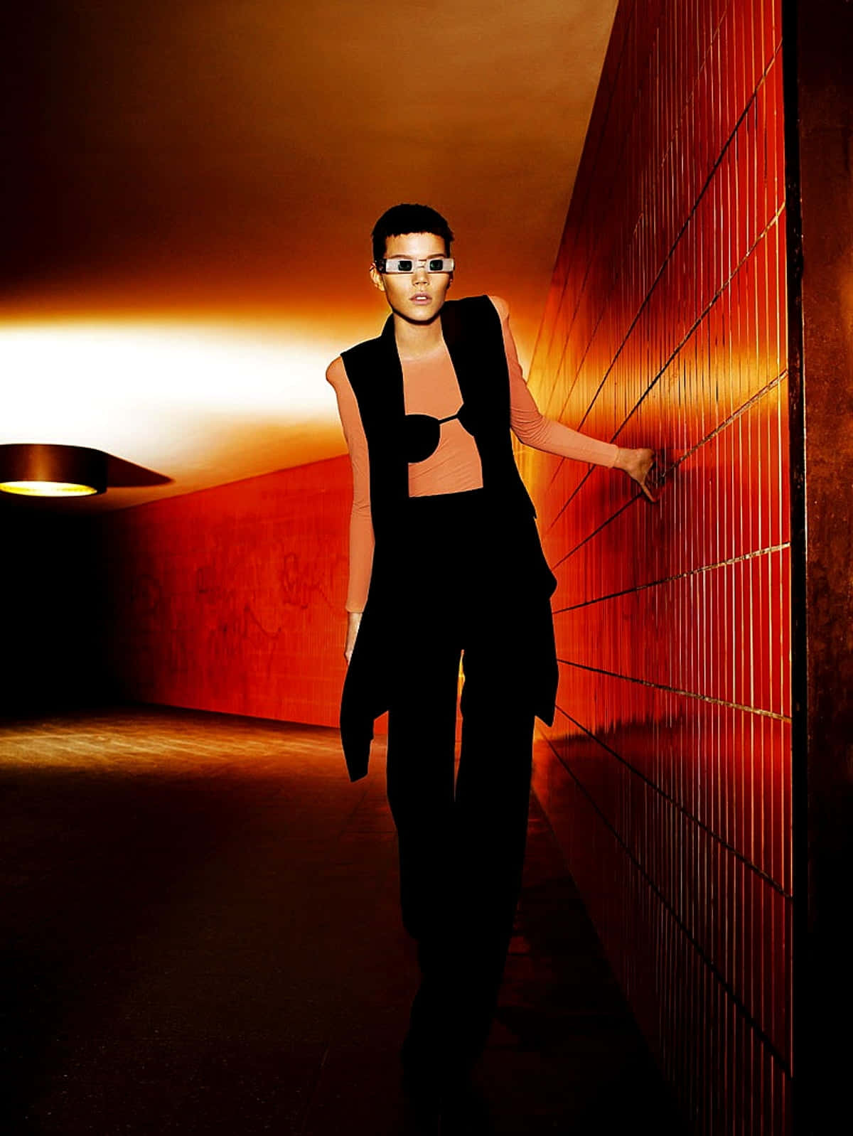 Futuristic Fashion Model Corridor Wallpaper