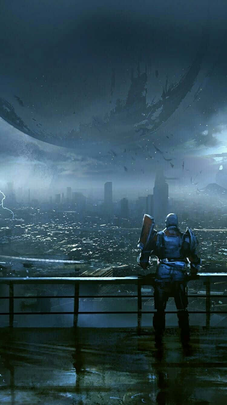 Futuristic Knight Overlooking Cityscape Wallpaper