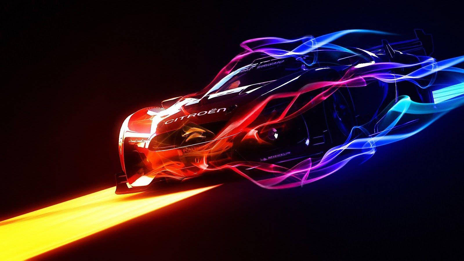 Futuristic Neon Fire Car On A Dynamic Desktop Wallpaper