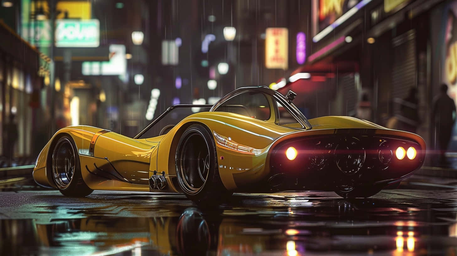 Futuristic Yellow Sports Carin Rainy City Night Wallpaper