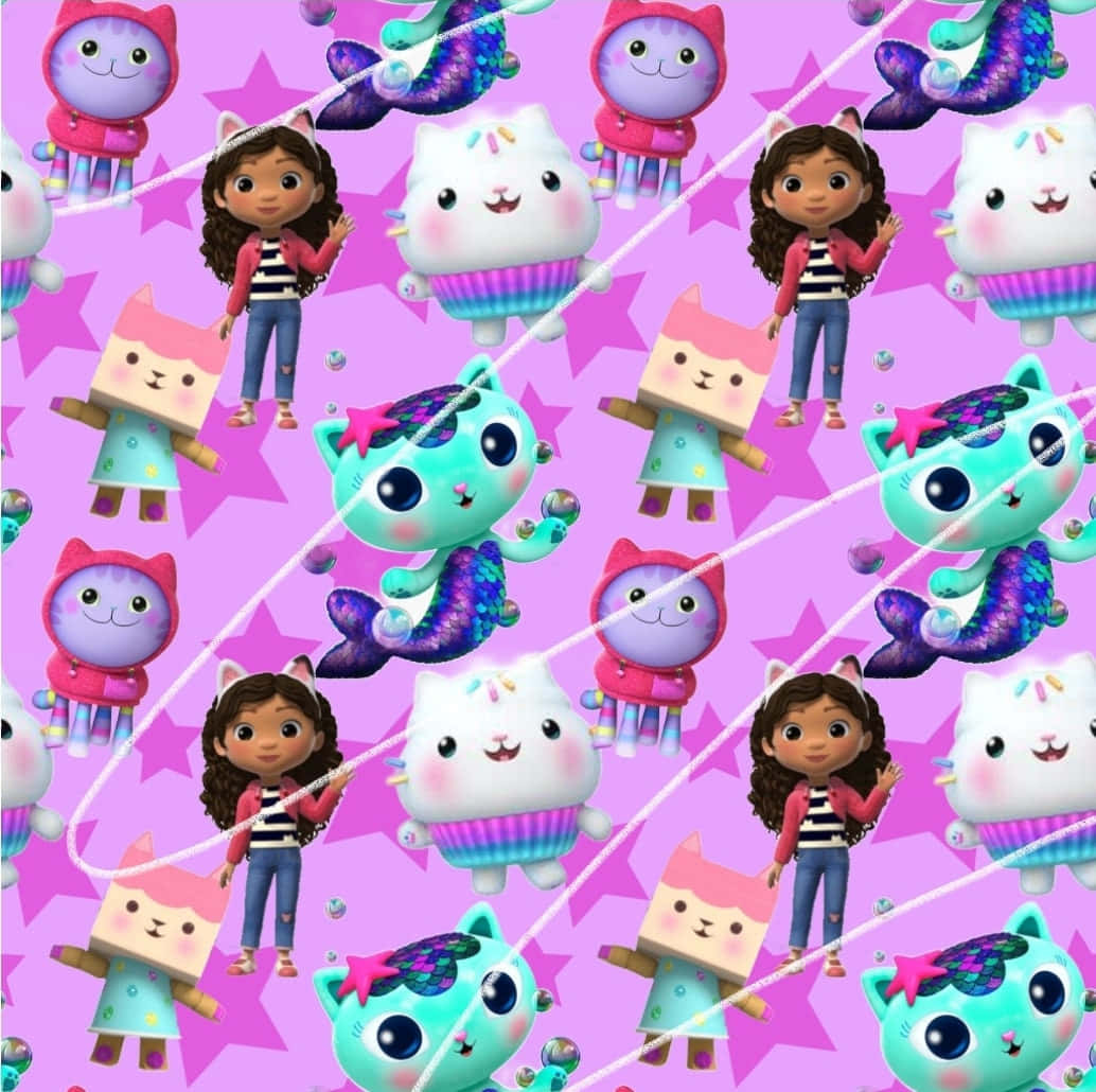 Gabby Dollhouse Characters Pattern Wallpaper