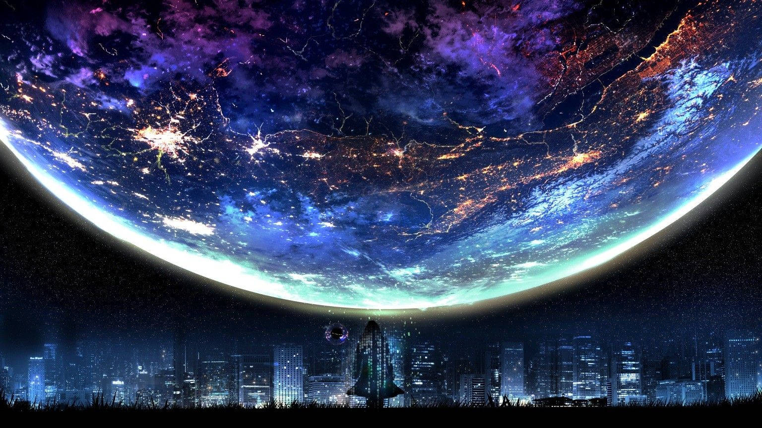 Galaxy Moon Above City Artwork Wallpaper