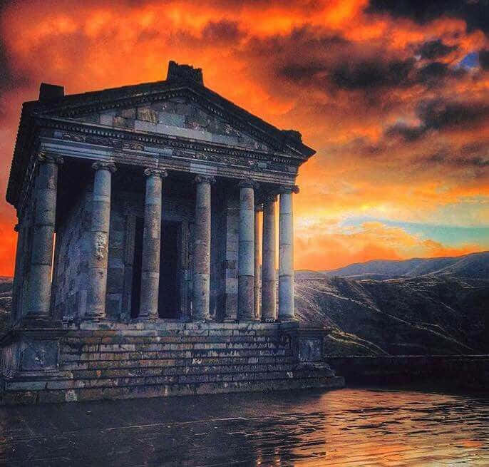 Garni Temple With Orange Clouds Wallpaper