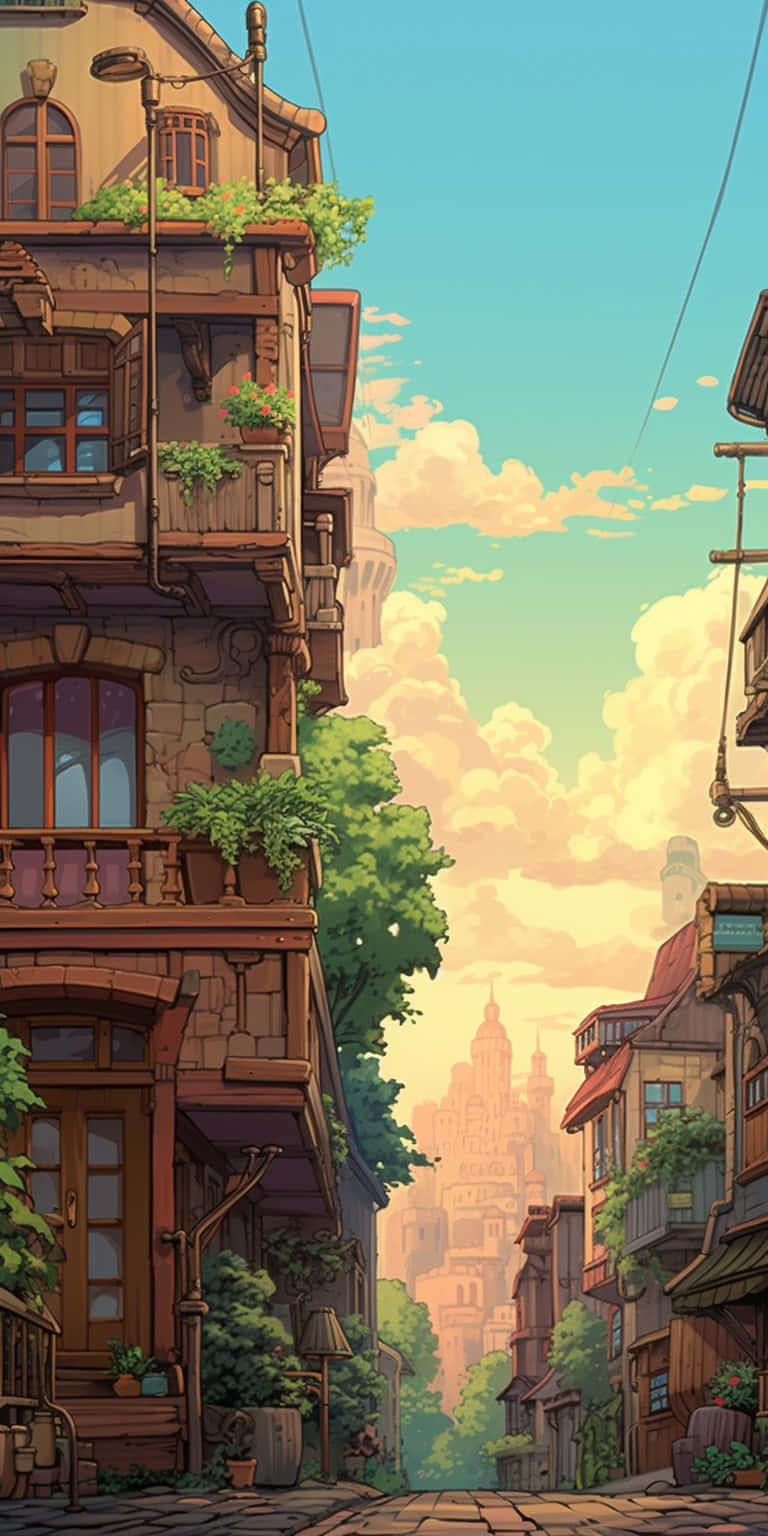 Ghibli Inspired Cobblestone Street Wallpaper