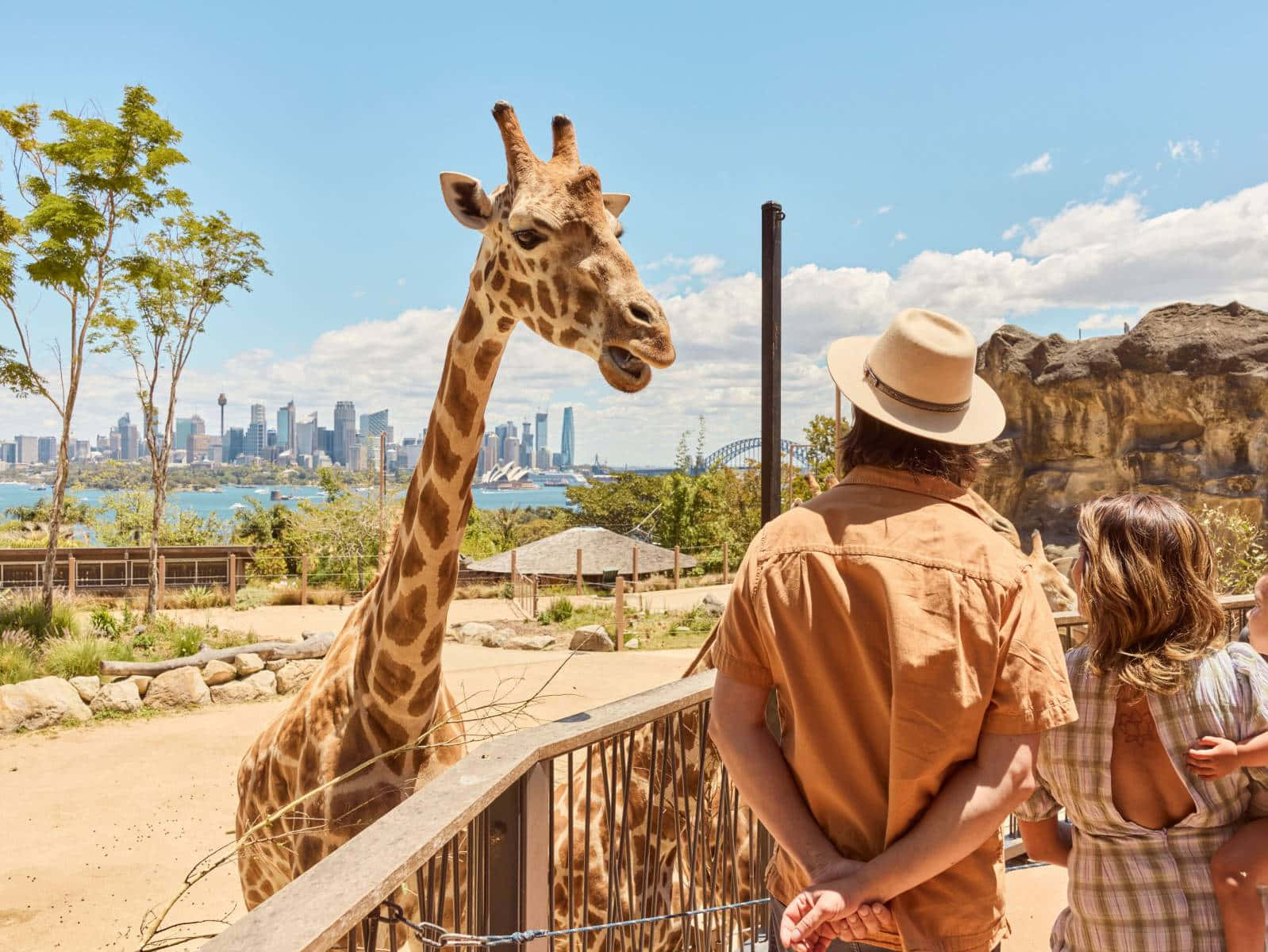 Giraffeand Visitorsat Taronga Zoowith Sydney Skyline Wallpaper