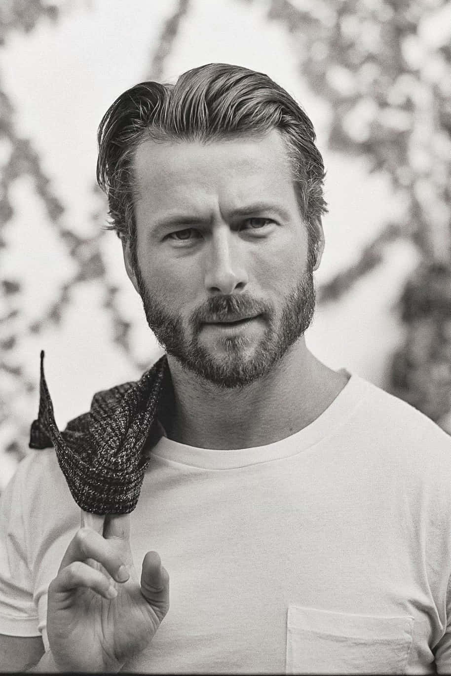 Glen Powell Blackand White Portrait Wallpaper