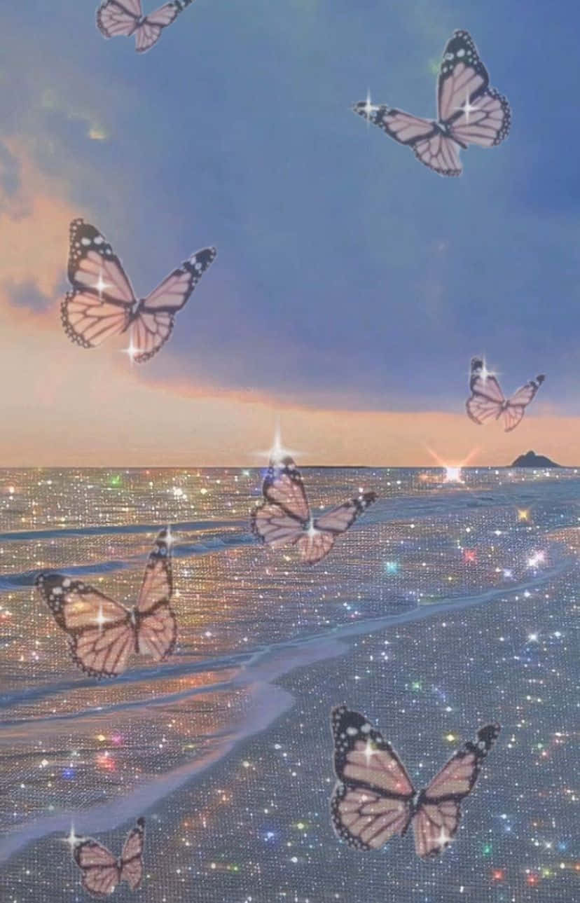 Glittering Butterflies Over Cityscape Wallpaper