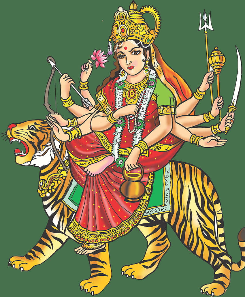 Goddess Durgaon Tiger Illustration Wallpaper