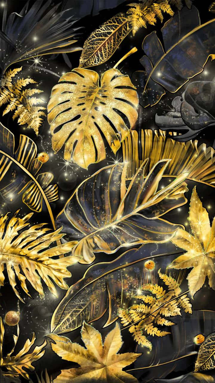 Golden Tropical Leaves Pattern Wallpaper