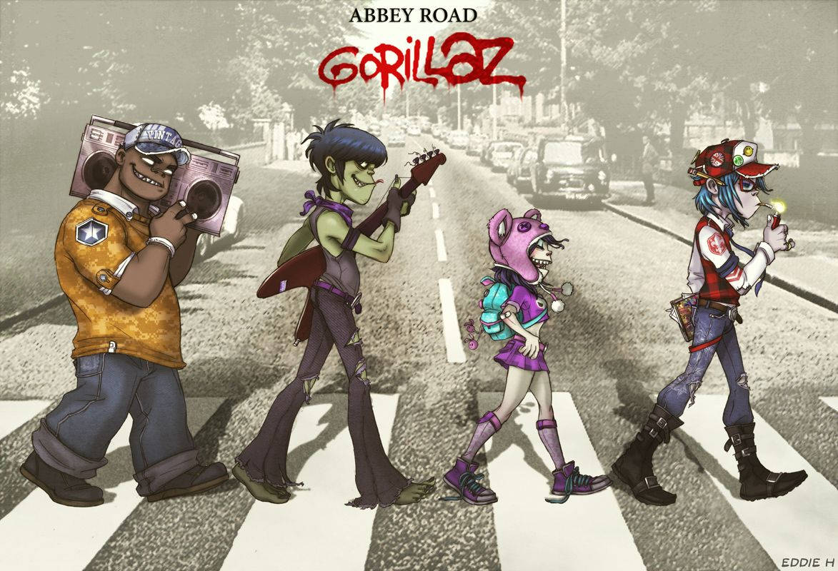 Gorillaz Crossing The Iconic Abbey Road Wallpaper