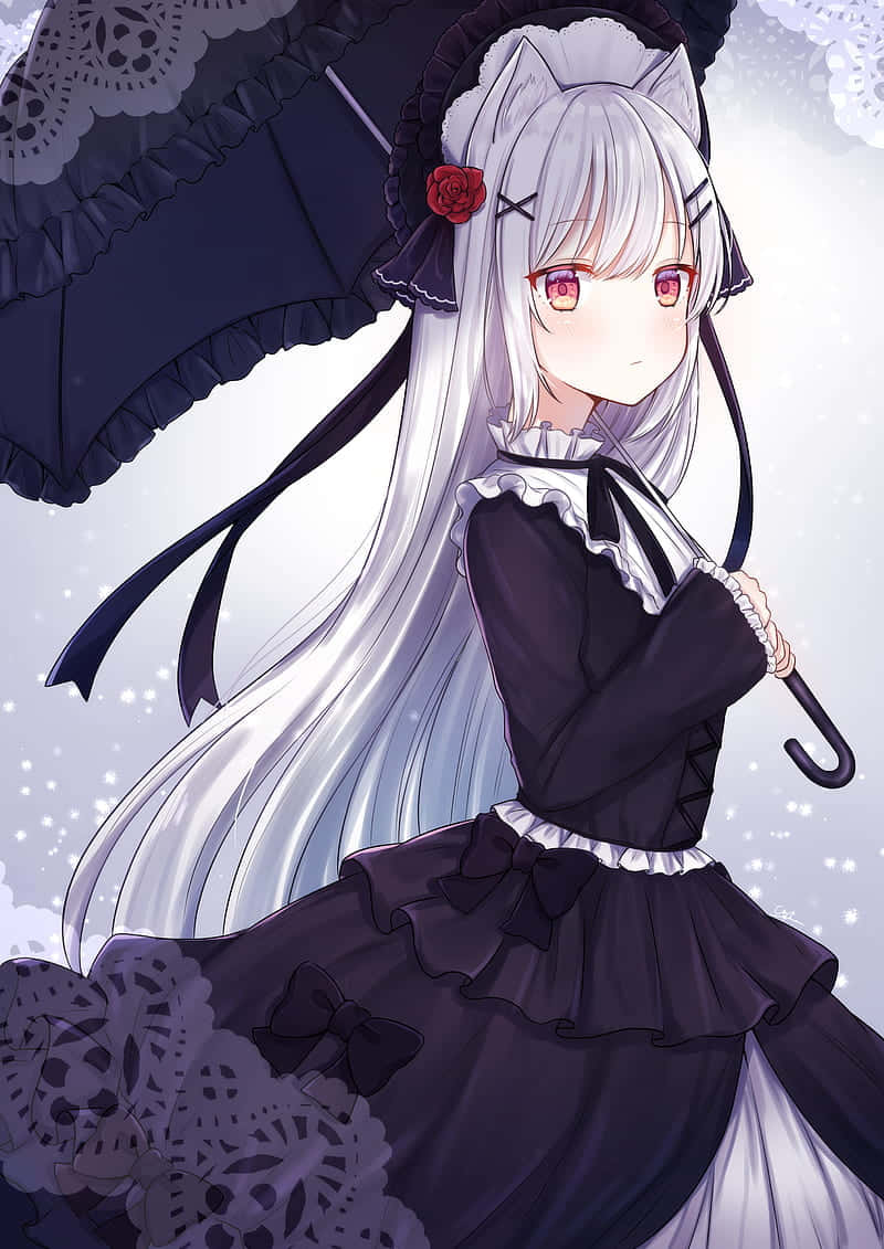 Gothic Anime Girl Wearing Black Dress With Parasol Wallpaper