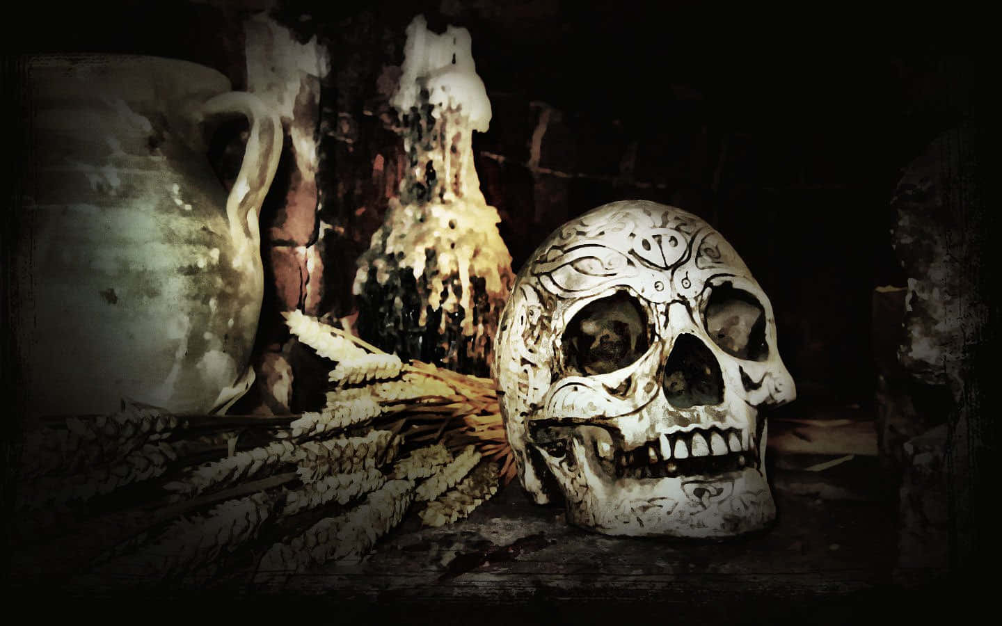 Gothic Computer Skull And Bottles Wallpaper