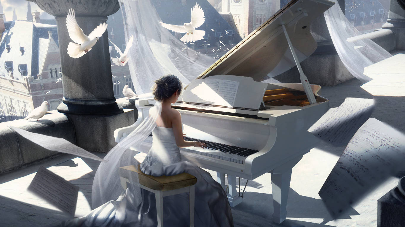 Grand Piano And White Doves Wallpaper