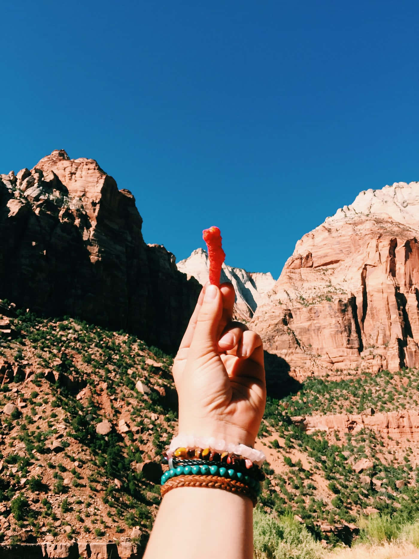 Granola Girl_ Holding Red Fruit_ Mountain Backdrop.jpg Wallpaper