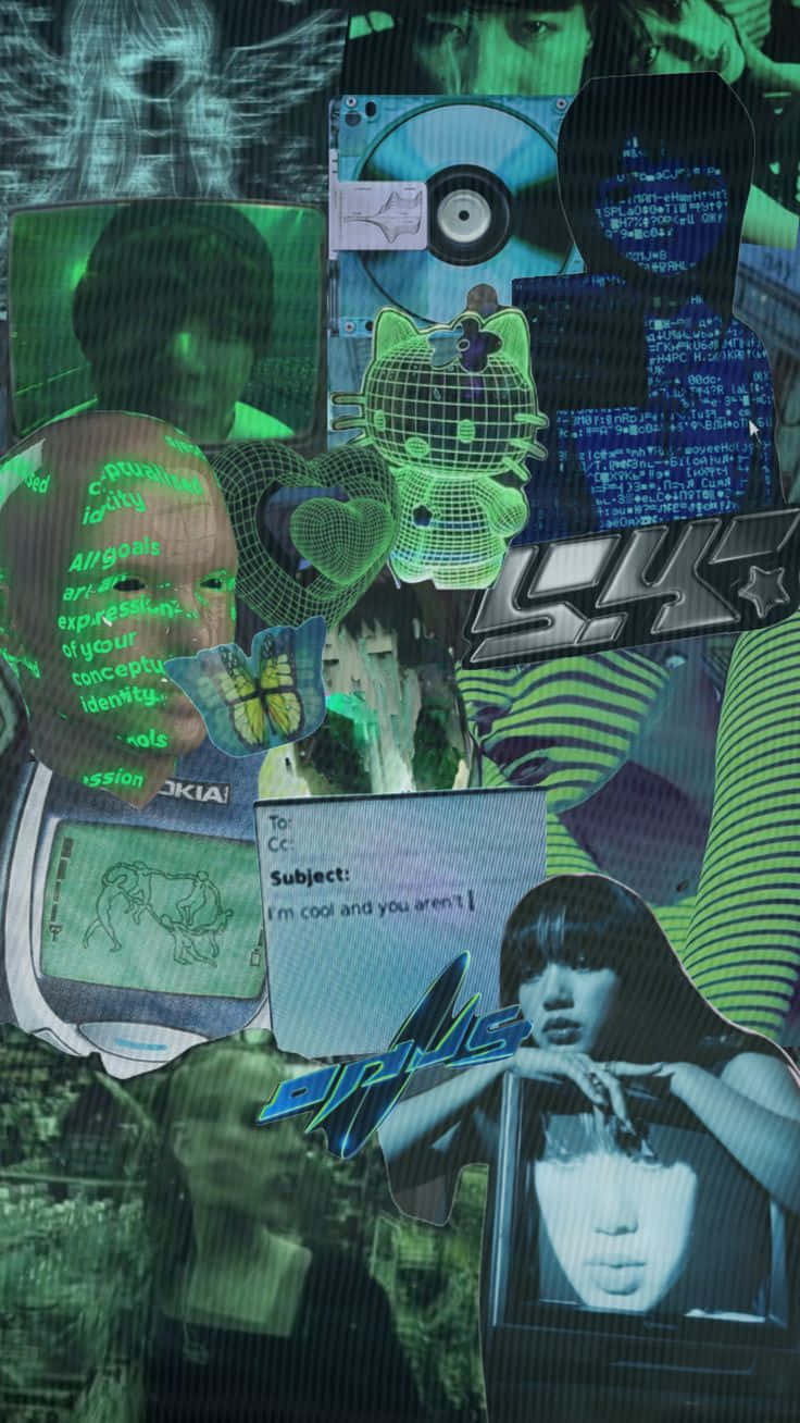 Green Cyber Y2 K Collage Aesthetic.jpg Wallpaper