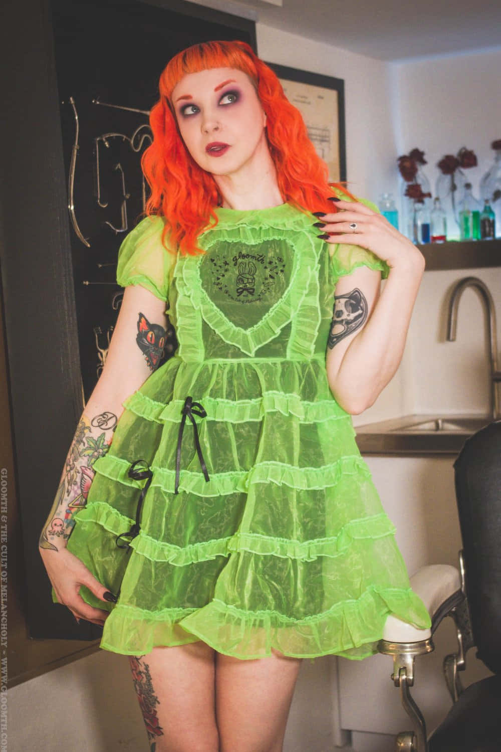 Green Goth Aesthetic Womanin Ruffled Dress Wallpaper