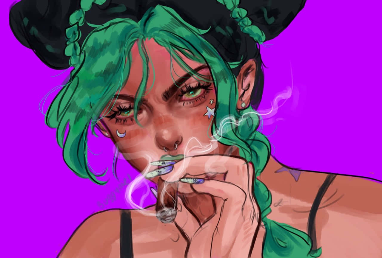 Green Haired Anime Character Smoking Wallpaper