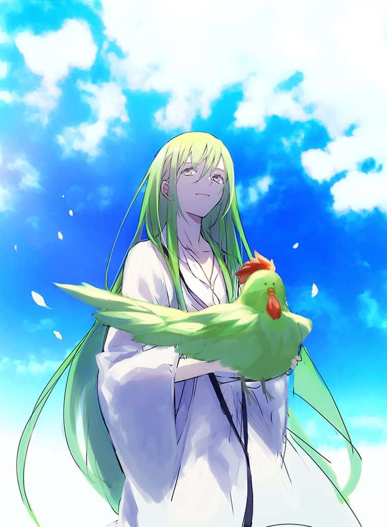 Green Haired Anime Characterwith Bird Wallpaper