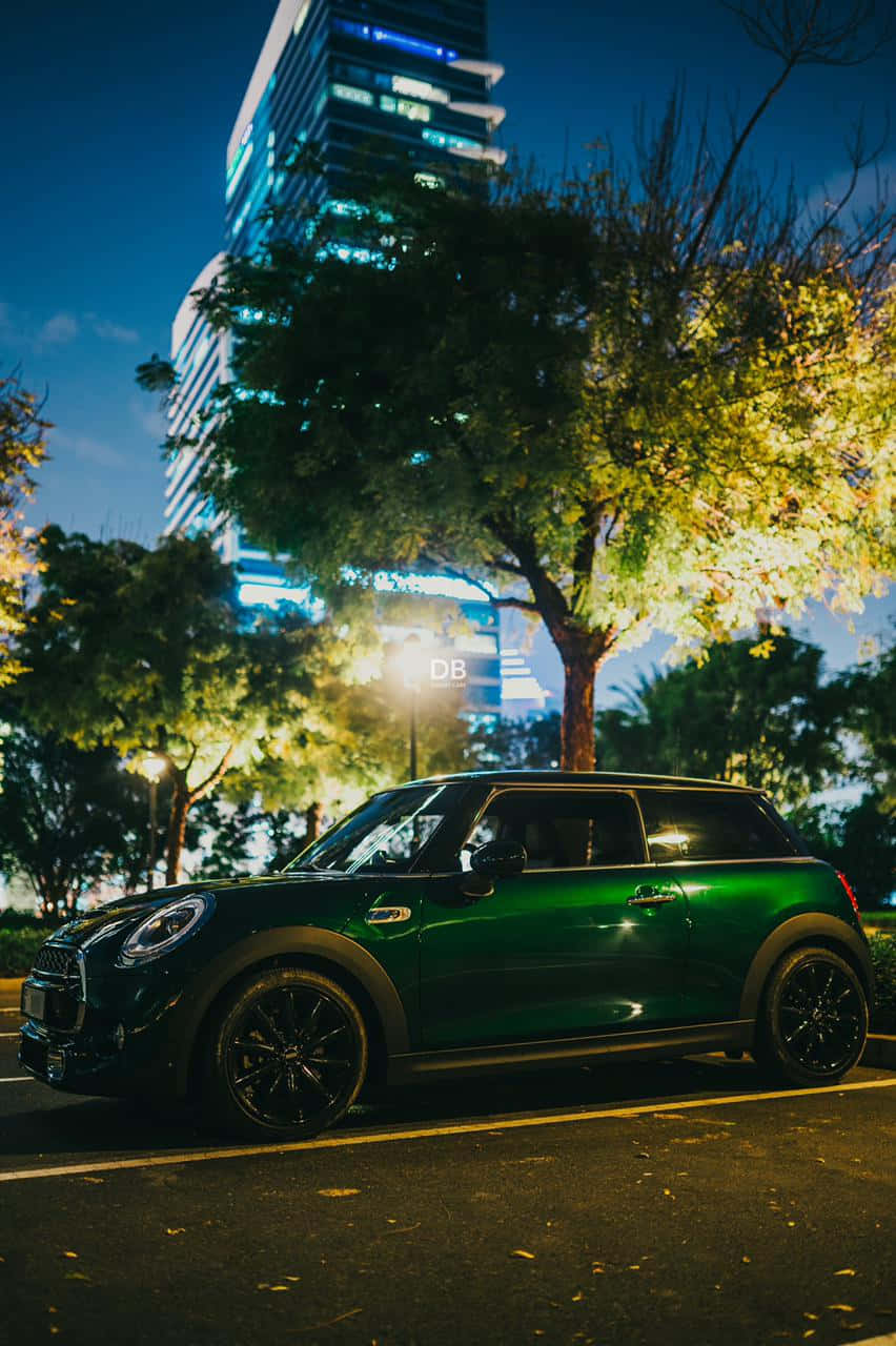 Green Mini Cooper Night Cityscape Wallpaper