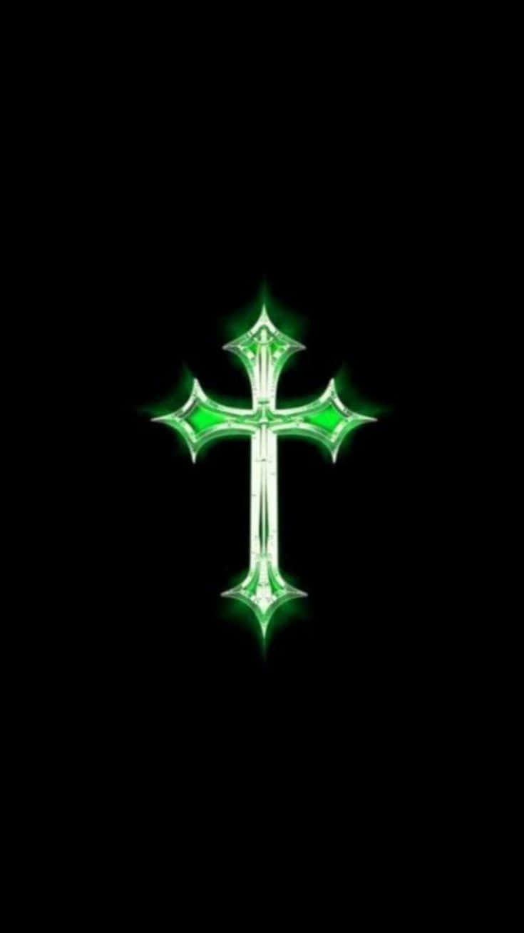 Green Neon Gothic Cross Y2 K Aesthetic Wallpaper