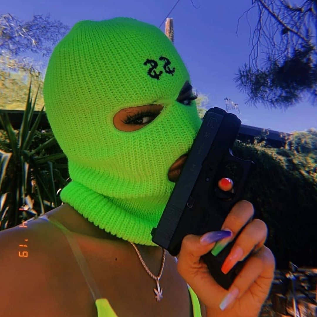 Green Ski Mask Gun Aesthetic Wallpaper