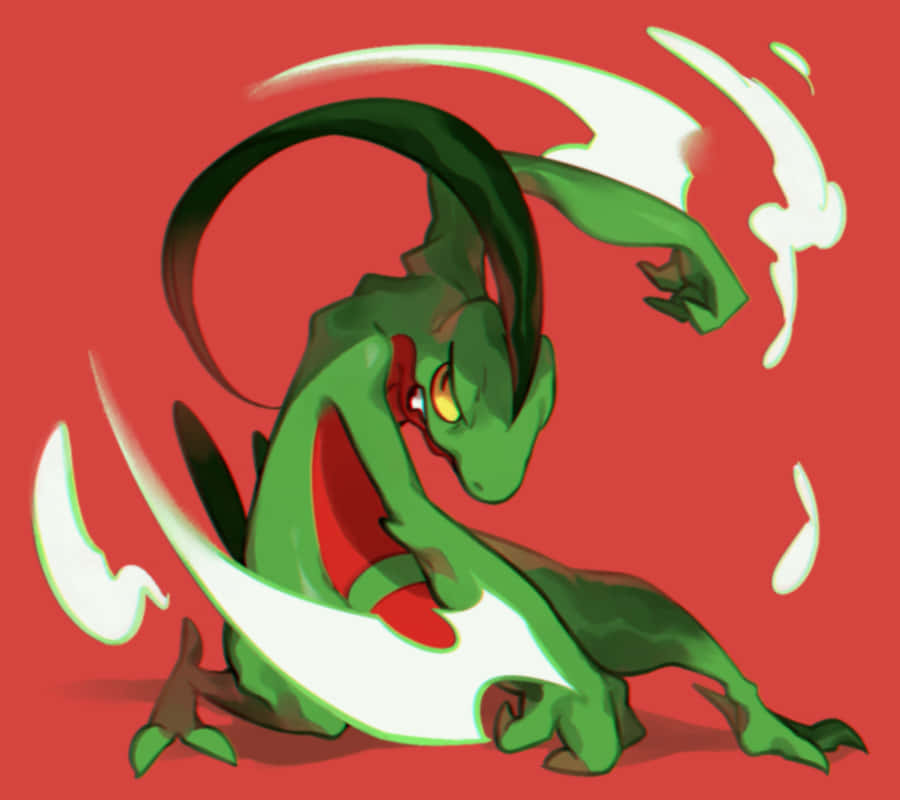 Grovyle In Action: A Dynamic Punch Against A Fiery Red Background Wallpaper