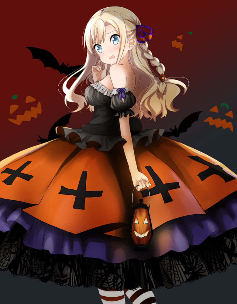 Halloween Anime Girlin Pumpkin Dress Wallpaper