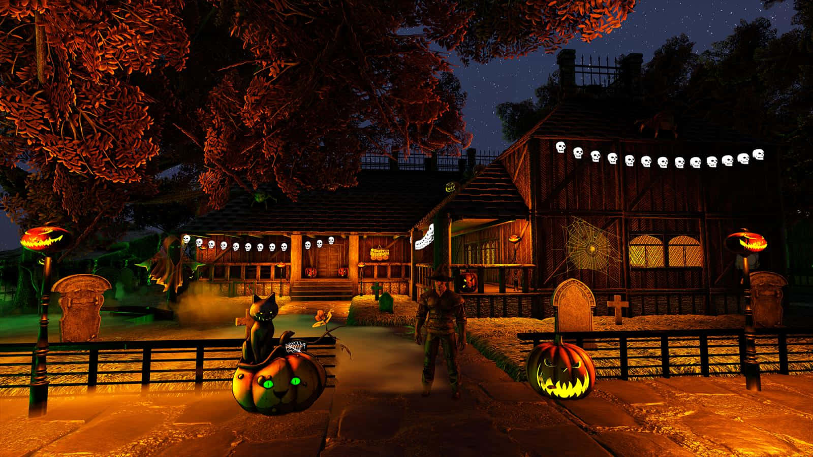 Halloweentown's Vibrant Festivities At Night Wallpaper